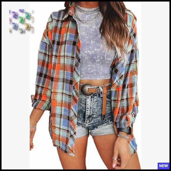 Tops - Loose Fit Boyfriend Flannel Shirt Classic Plaid Button Down Blouse Top